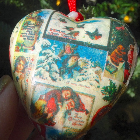 Decoupaged Puffy Heart Vintage Christmas Valentine's Image Collage Ornaments - 2 - Picture 3 of 7